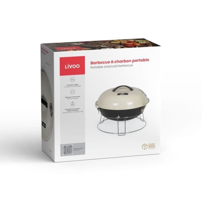 Barbacoa portátil de carbón - LIVOO - DOC301 - ø34 cm - Parrilla cromada - Altura 18 cm - Asas - Cierres de seguridad