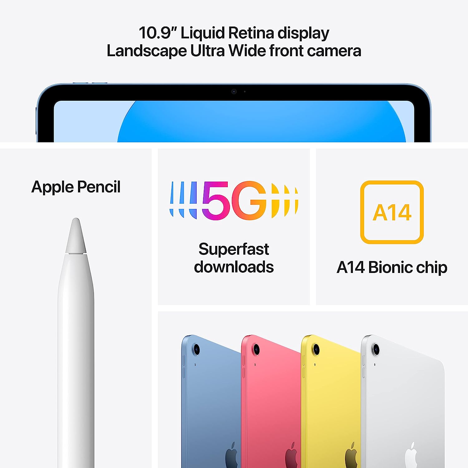 Apple iPad (10ª geração): com chip A14 Bionic, tela Liquid Retina de 10,9 polegadas, Wi-Fi 6, câmera frontal de 12 MP e câmera traseira de 12 MP, Touch ID, bateria para o dia todo.
