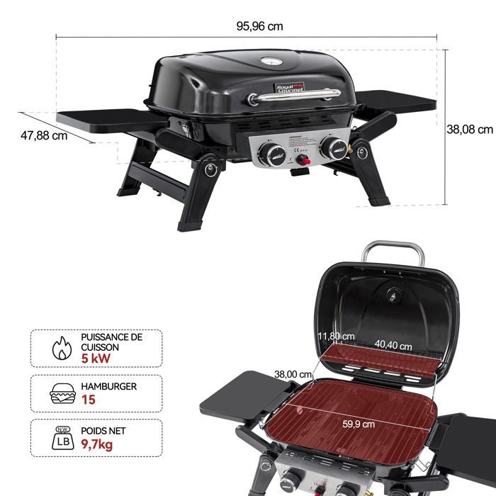 Barbecue Gaz Portable - Royal Gourmet - 2 Brûleurs Puissance 5 kW, Surface Cuisson 48 x 37 cm - avec Tables Latérales