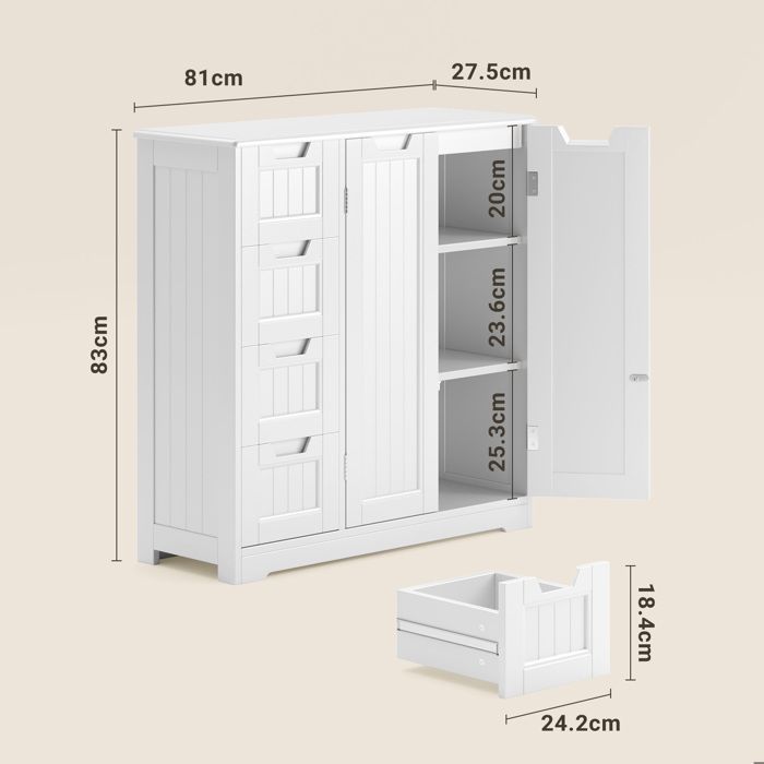 Meuble Bas Salle de Bain - Bealife - Rangement Moderne - 2 Portes - 4 Tiroirs - Étagères Réglables - Blanc - 81x30x83cm
