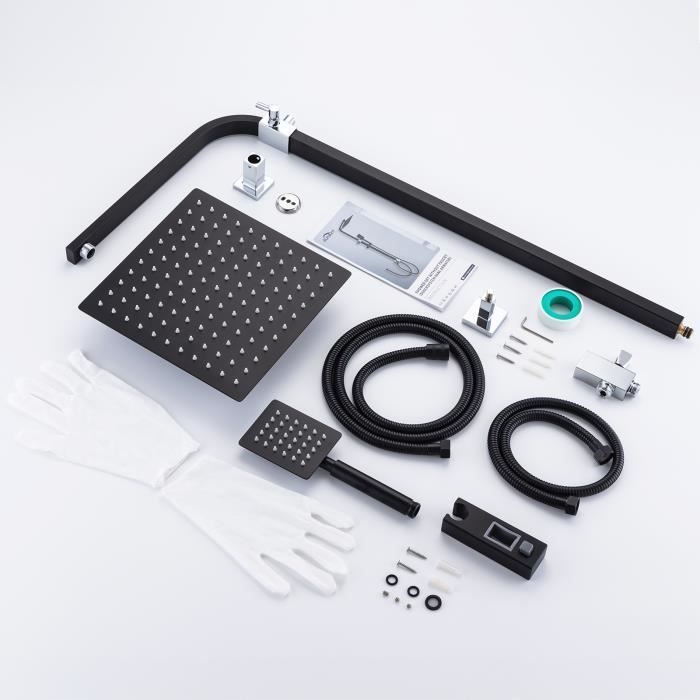 Columna de ducha de acero inoxidable negro con 2 funciones, conjunto de ducha con cabezal de ducha de 10 pulgadas, altura ajustable de 69 a 113 cm.