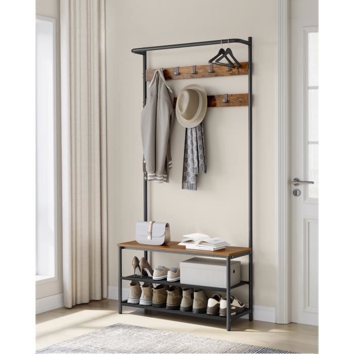 Set di mobili da ingresso VASAGLE con panca e scarpiera, 9 ganci rimovibili, asta appendiabiti, 32,2 x 84 x 180 cm, marrone e nero