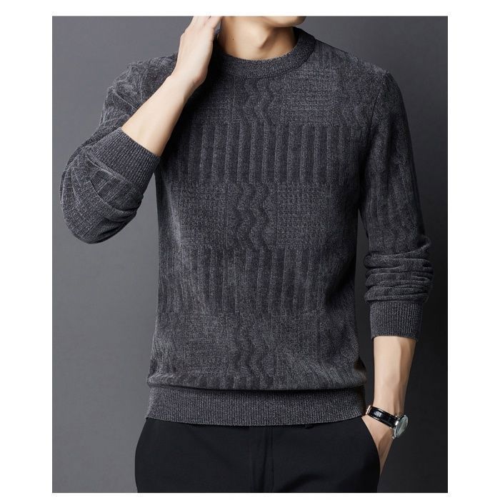 Men's Sweater, Men's Fleece-Lined Knit Sweater, Warm Crew Neck Basic Solid Color Casual Slim Fit Sweater - Grey