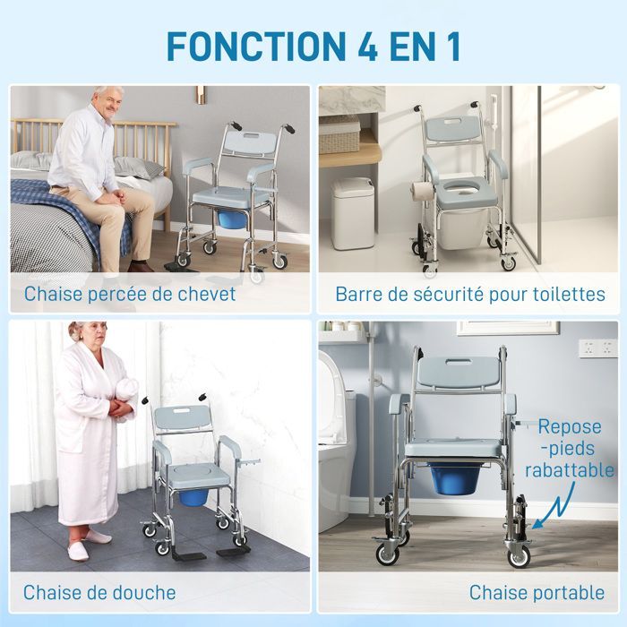 Chaise percée adulte - HOMCOM - roulettes - repose-pieds, dossier et accoudoirs - aluminium et plastique - 53x97x97cm - gris