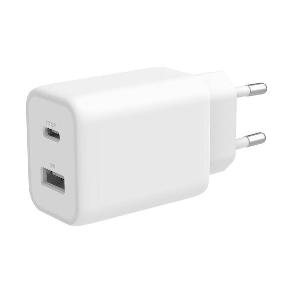 Διπλός προσαρμογέας φόρτισης με USB-A και USB-C PD, λευκό