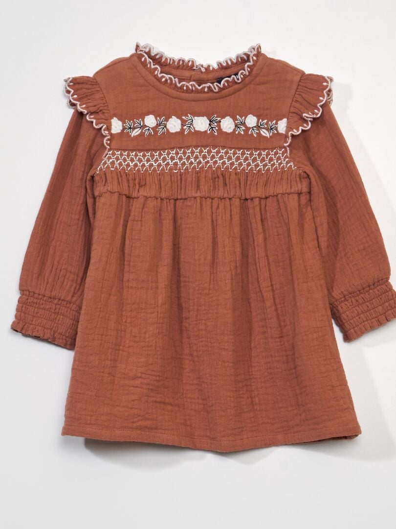 Vestido de gaze de algodão de manga comprida - LARANJA