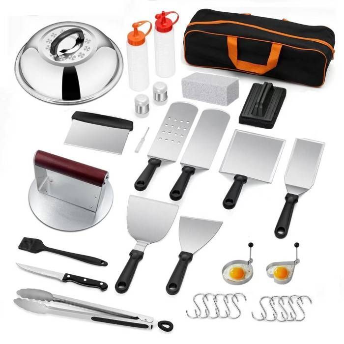 Juego de espátulas para barbacoa, 32 piezas, acero inoxidable, juego de accesorios para parrilla Teppanyaki profesional.
