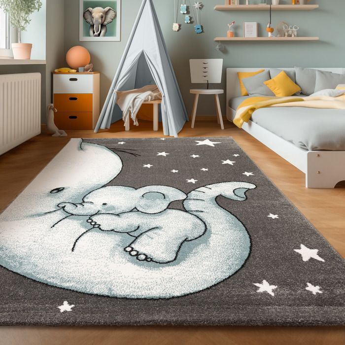 Tapis Enfant - Elefant étoile - Pépinière - Gris - 160 cm