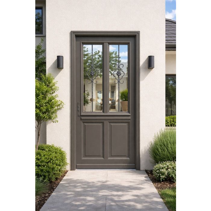 Santiago Quartz Grey Glazed Wooden Front Door, H.200 x W.90 cm, Right-Hand Side