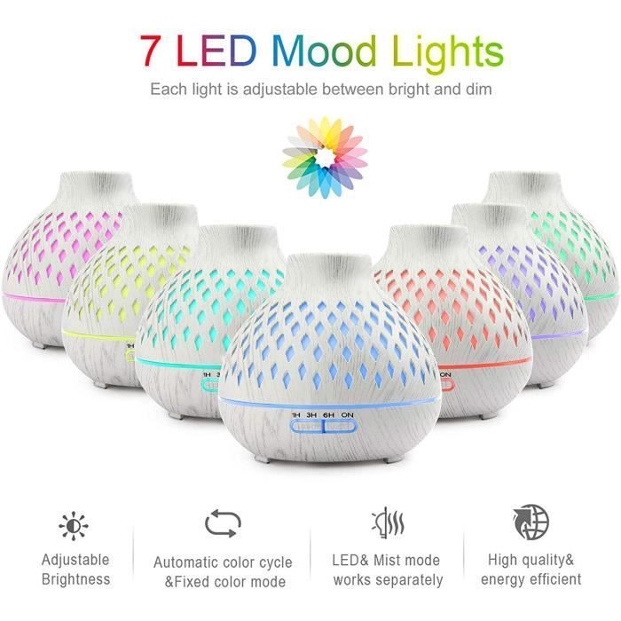 AISTUO Diffuseur d'huiles essentielles & Humidificateur ultrasonique 400 ml — 7 LED, blanc
