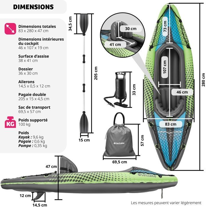 KAYAK - TECTAKE - LIBERTY kayak hinchable, kit completo con bolsa de transporte resistente y ligera - Verde