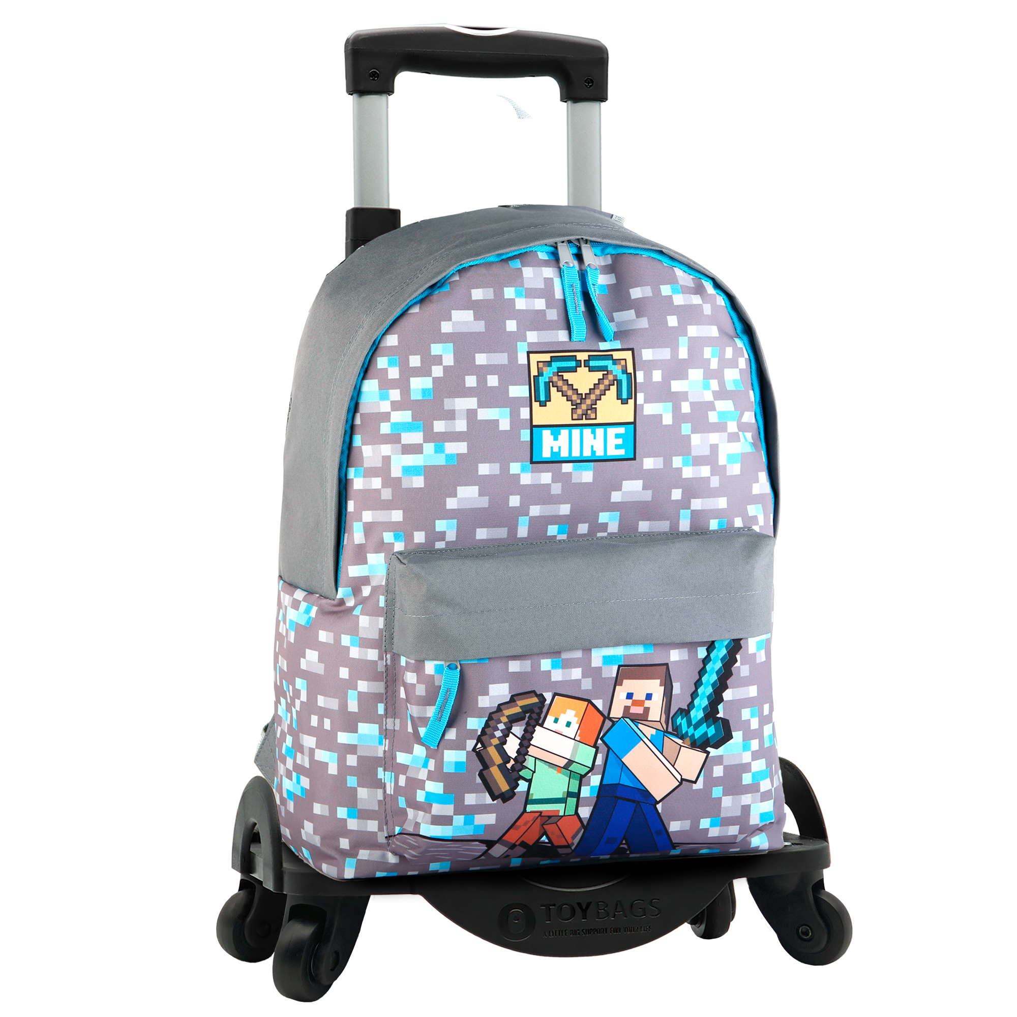  Mochila Escolar Minecraft Warriors Aanpasbaar + Carro Toybags Con 4 Ruedas Giratorias