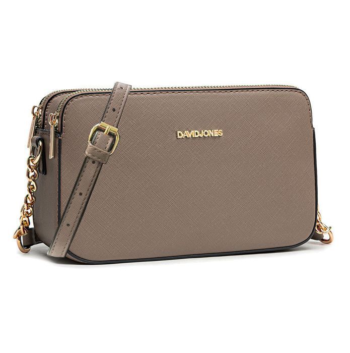 David Jones - Borsa a tracolla piccola da donna - Borsa a spalla con tracolla a catena, in pelle sintetica, 3 scomparti - Borsa multi-tasche - Marrone tortora