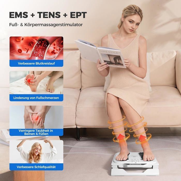 Electric EMS/TENS foot massager, circulation stimulator, 10 modes, 50 intensity levels, 4 electrodes, pain relief