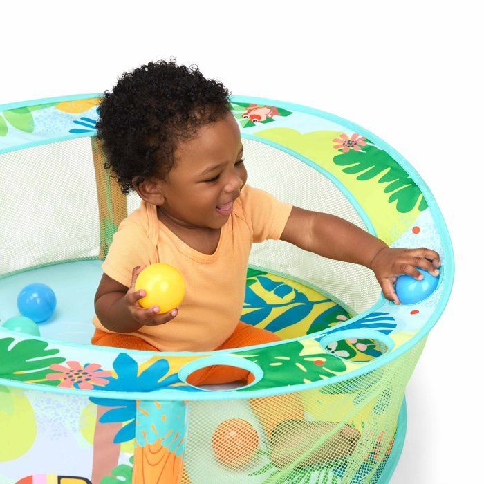 BRIGHT STARTS - Piscina di palline pieghevole a tema foresta pluviale con borsa per il trasporto inclusa, 20 palline