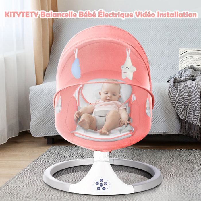 Balancelle Bébé Électrique 3 en 1 avec Télécommande,Table à manger, Transat bébé 5 Modes de balancement,Minuterie Bluetooth - Rose