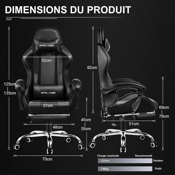 Sedia da gaming con poggiapiedi, cuscino massaggiante lombare, sedia da ufficio ergonomica con braccioli sincronizzati (nera)