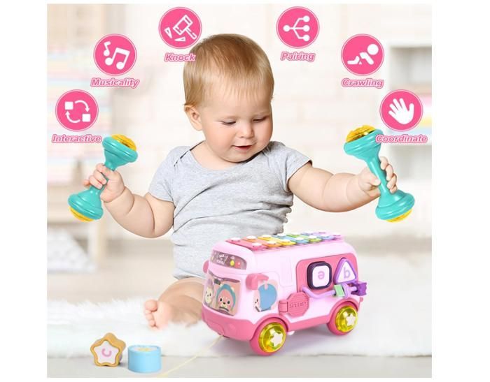 Musikalisches Spielzeug für Babys im Alter von 12 bis 18 Monaten, für 1-jährige Mädchen, sensorisches Spielzeug mit Bus, Xylophon, Formensortierer, Spielzeug für 12- bis 18-Jährige
