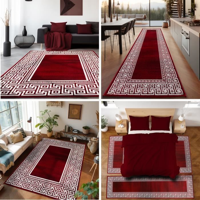 Alfombra de pelo corto, alfombra para salón, estampado griego, borde moteado rojo [120x170 cm, Rojo]