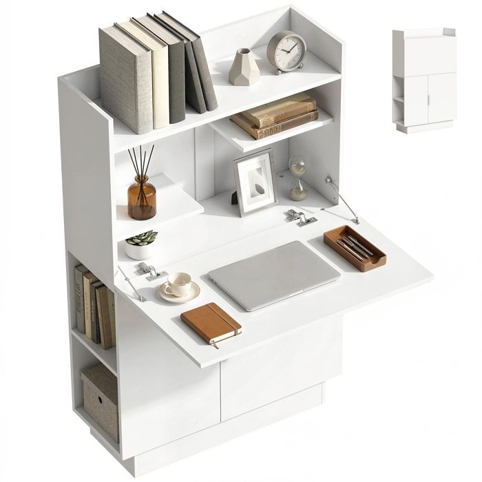 Escritorio para ordenador - HOMCOM - diseño plegable con tablero abatible, estantes y armario - madera - 80x30x128cm - blanco
