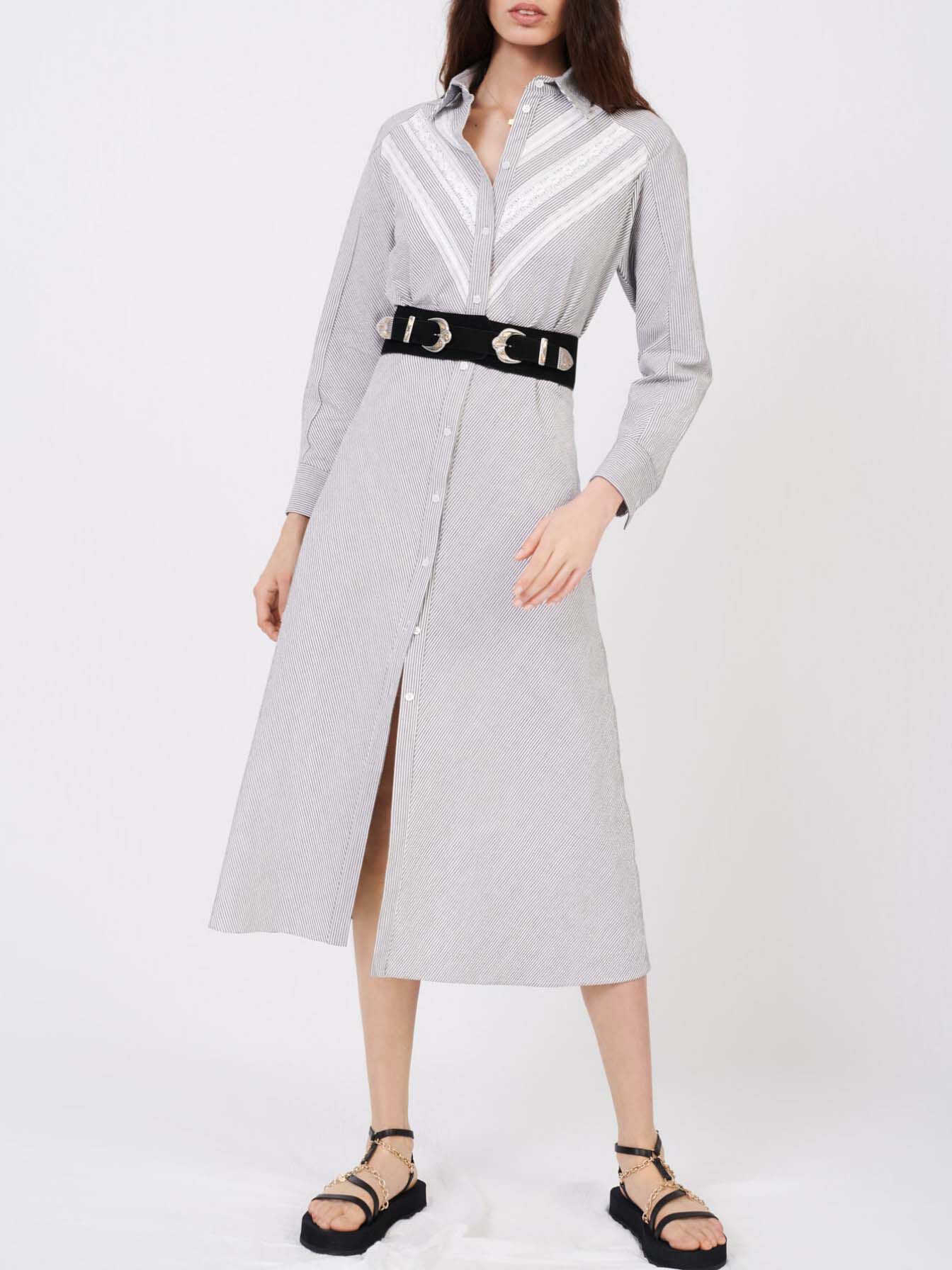 Rochie cămașă cu dungi și dantelă - Bleumarin/Ecru