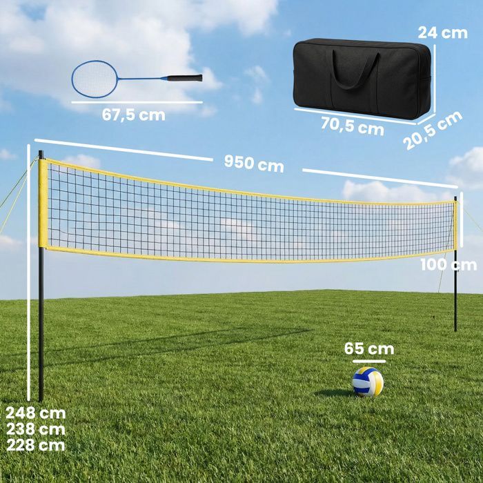Ensemble de Volley-Ball et Badminton - SPORTNOW - Poteaux en Acier Hauteur Réglable - Raquettes et Volants - Acier - Noir