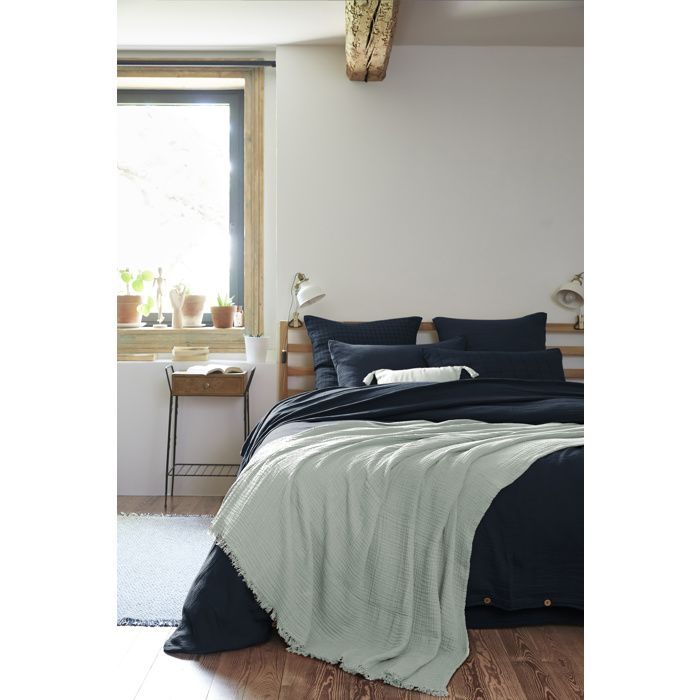 Manta GAÏA Eucalyptus 180 x 220 cm - Gasa doble de algodón, flecos bohemios