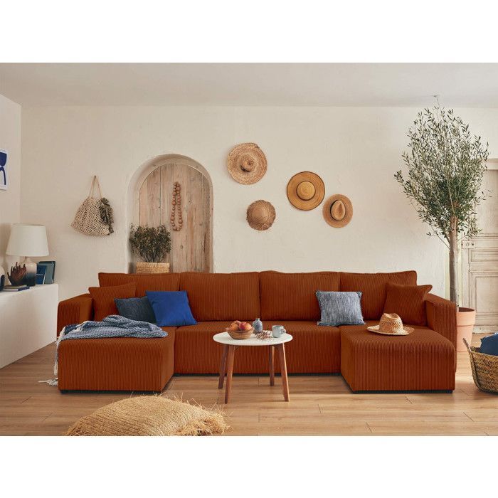 Topaze - U-shaped panoramic sofa - 7 seats - convertible with storage - in corduroy - Terracotta