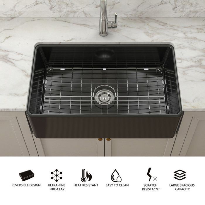 Fregadero de cocina estilo granja MEJE negro de 84 x 54,8 cm - Fregadero de cerámica de un solo seno estilo granja - Delantal negro mate