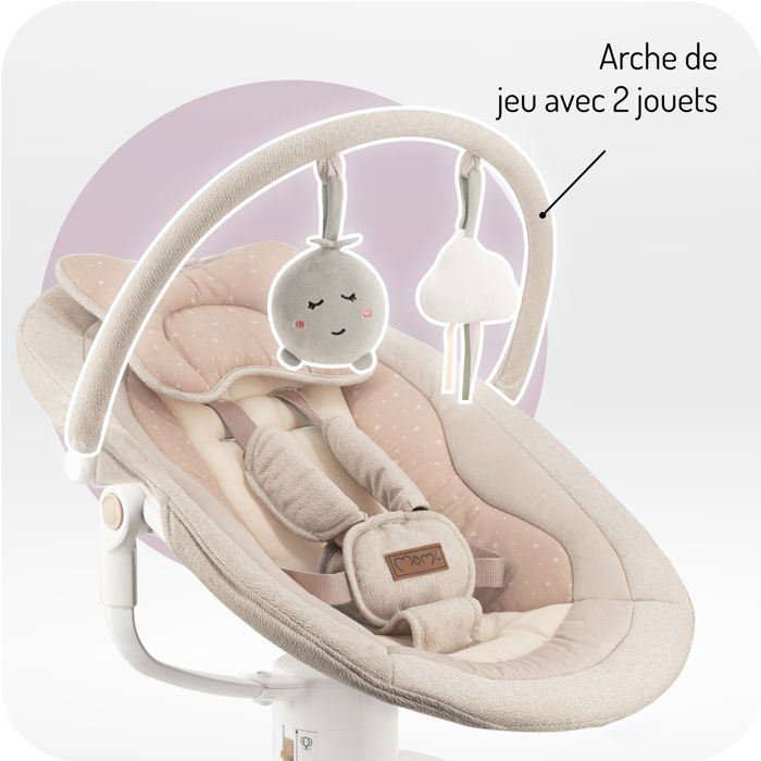 MoMi PEARL - Altalena elettrica per neonati a 360° - 5 velocità, 10 melodie, Bluetooth - Schienale regolabile - Barra giochi - Beige