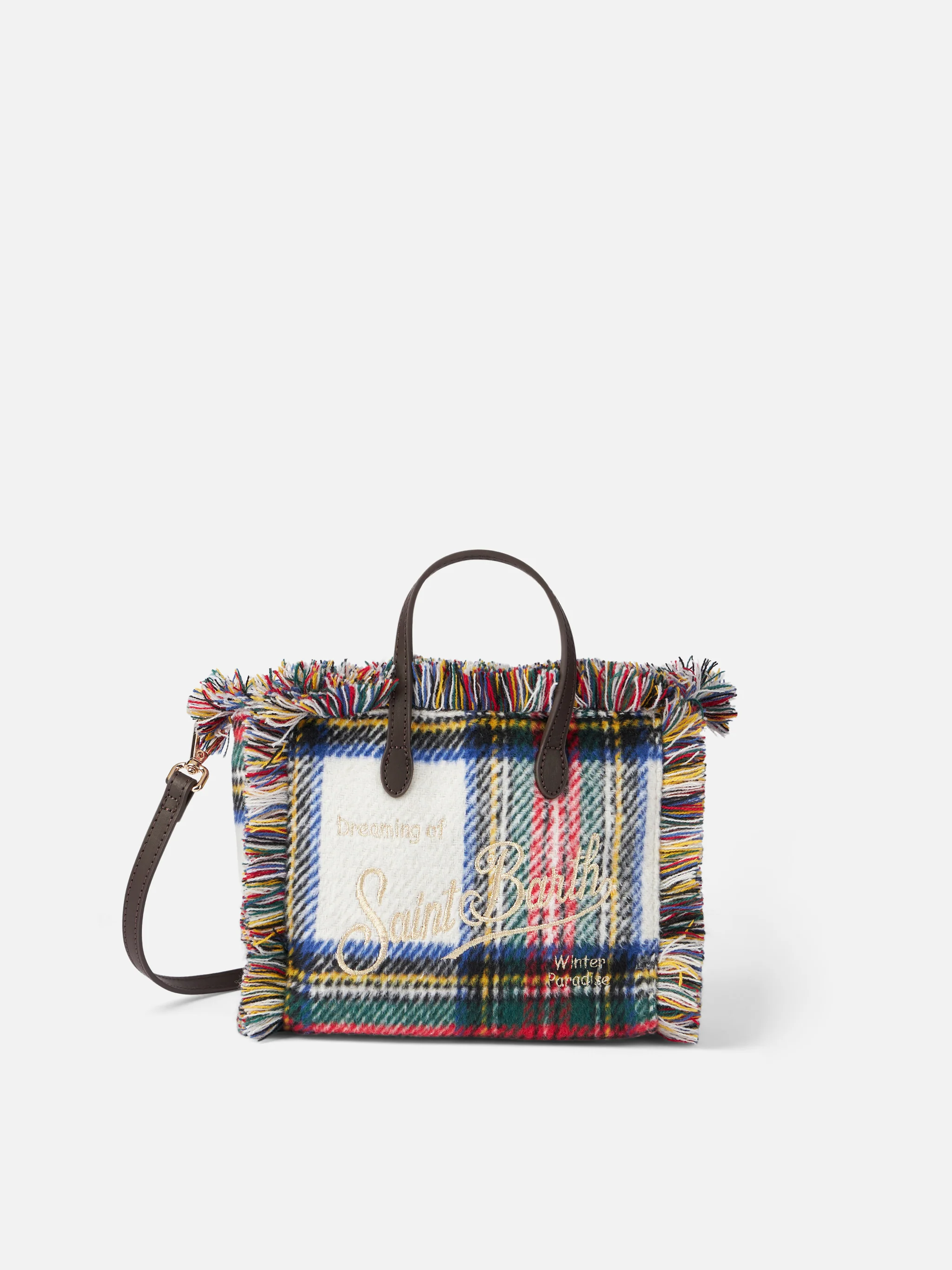 Mini Vanity Winter Handbag – White Tartan Wooly Fabric, Fringed Design, Saint Barth Logo & Detachable Shoulder Strap | MC2 Saint Barth