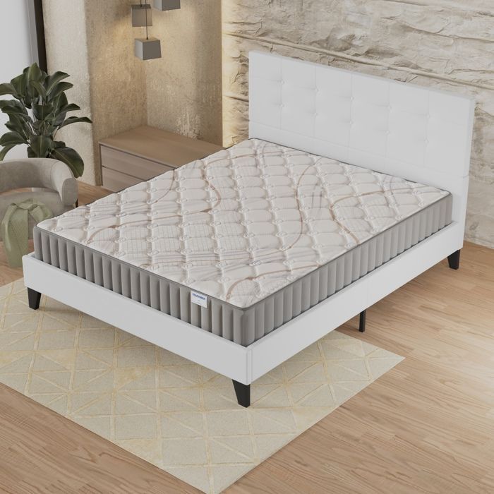 Set letto e materasso (140x200 cm) - Sirius 16 cm Lattice naturale e schiuma ad alta densità + Base a doghe stabile e testiera imbottita bianca