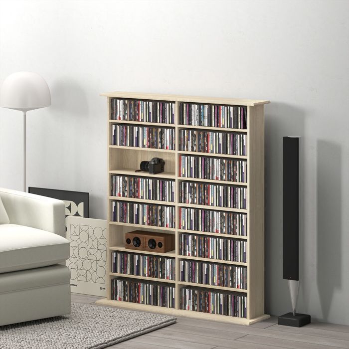 Rangements pour CD et DVD - HOMCOM - 16 compartiments et 12 étagères réglables - capacité max. 720 CD/396 DVD et Blu-ray - naturel