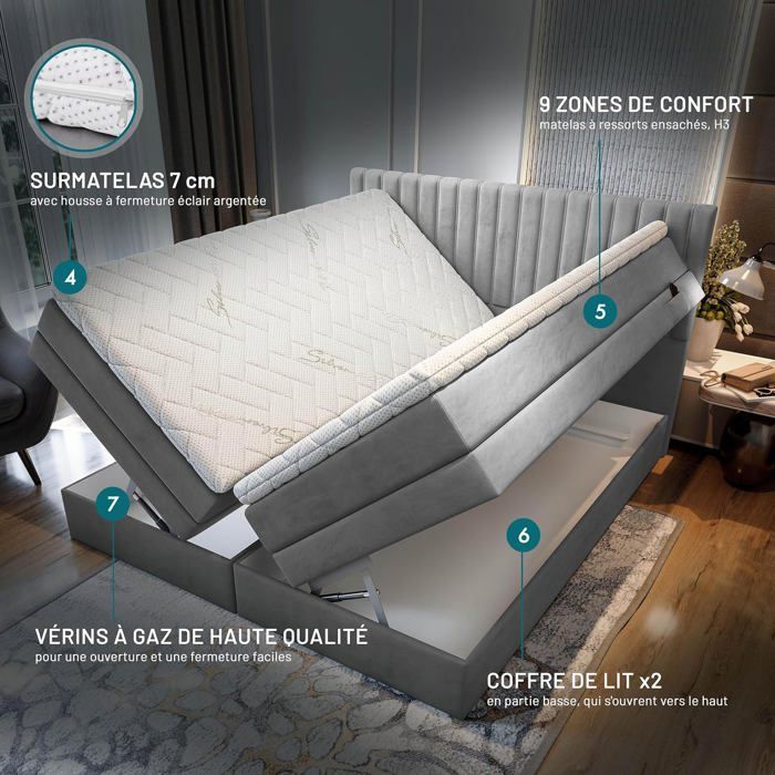 Lit adulte ADÈLE - ensemble matelas+sommier relaxation électrique - 180x200 cm - velours gris clair