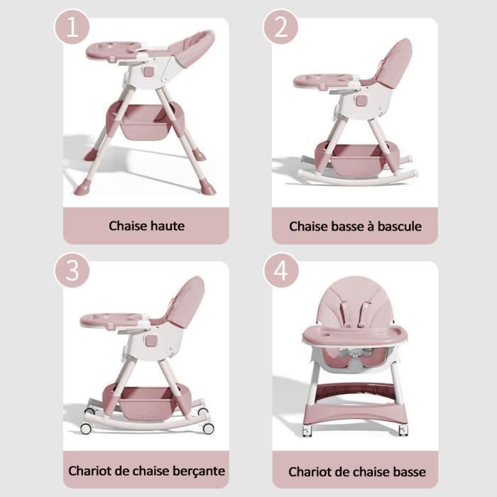 Silla alta para bebé/niño pequeño - Altura ajustable - Bandeja extraíble - Arnés de 5 puntos, silla con ruedas 3 en 1 para niños pequeños - Rosa