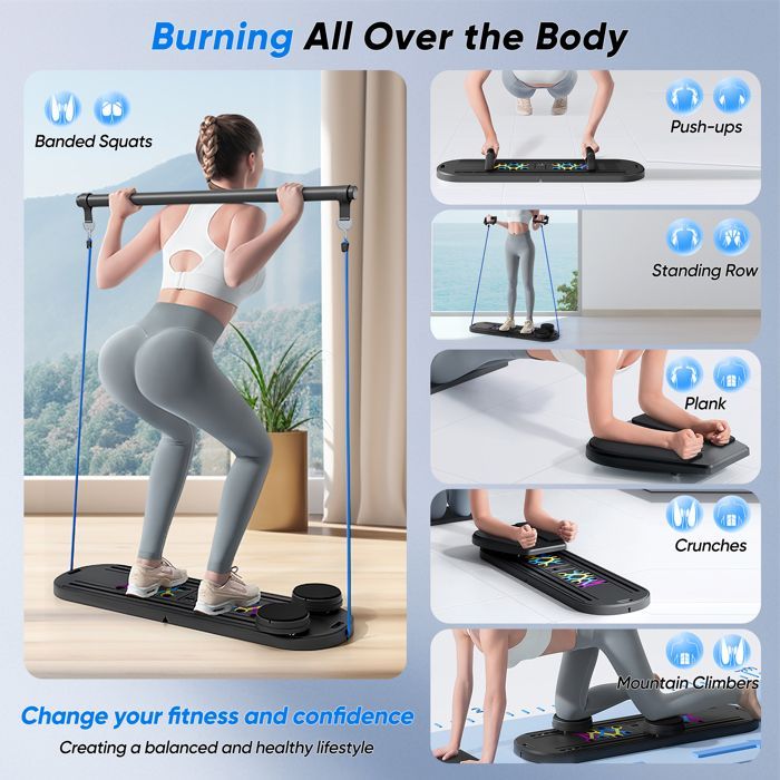 Tavola Pilates 6 in 1 per esercizi addominali, con contatore, pieghevole, auto-rimbalzo, Pilates Reformer, viola
