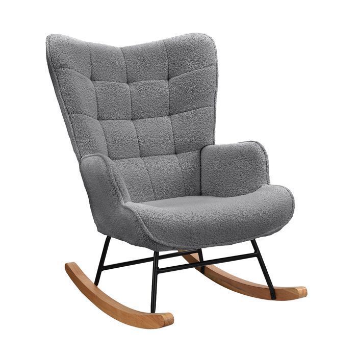 Fauteuil à Bascule, Fauteuil de Relaxation Velours Teddy, Rocking Chair pour Salon, Bois Massif et Cadre en Métal,Gris Foncé