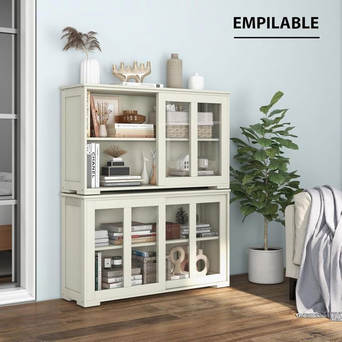 GIANTEX Buffet de Cuisine avec 2 Portes Coulissantes en Verre Trempé+ Étagère Réglable,Vaisselier/Meuble de Rangement Cuisine,Beige