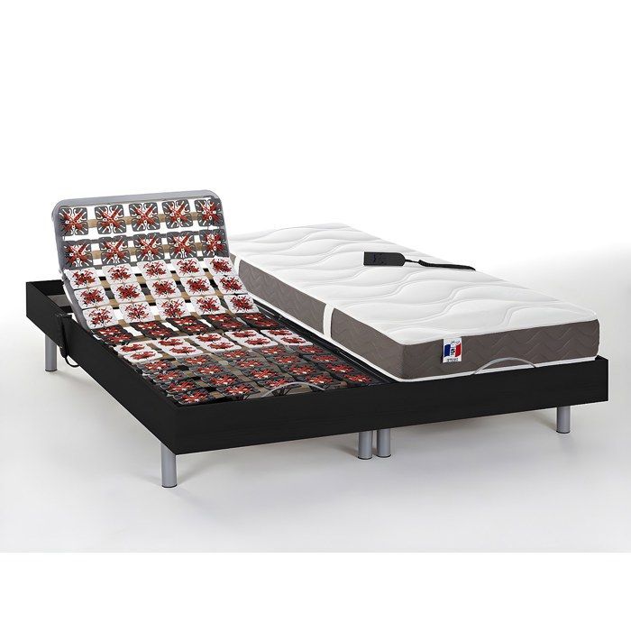 Cama eléctrica de relajación con base de láminas y colchón de látex 100% de 3 zonas - 2 x 90 x 200 cm - Negra - JUPITER by YSMÉE