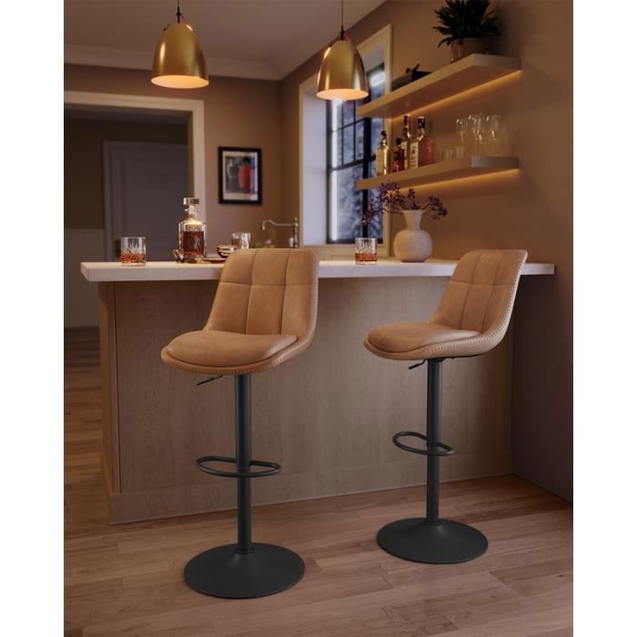 VASAGLE Tabourets de Bar, Lot de 4, Siège Pivotant à Hauteur Réglable, Matelassé, en PU, avec Dossier et Repose-Pieds, Acier, Marron
