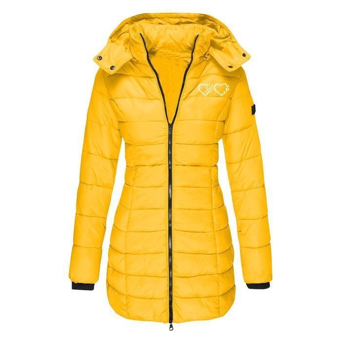 Chaqueta de plumas para mujer - FUNMOON - Cálida, de largo medio - Amarilla - Algodón, plumón y poliéster - Cierre de cremallera