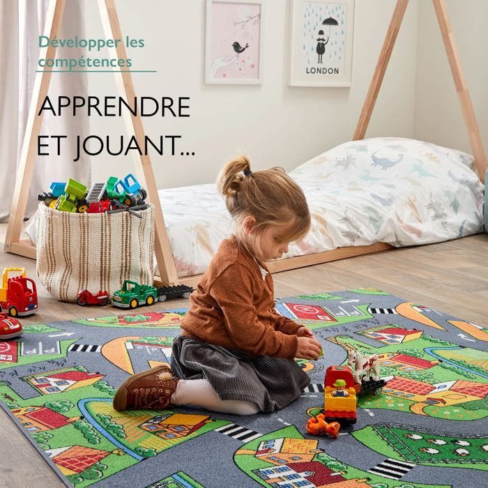 Tapis de Jeu Enfant 140x200cm, Little Village - Tapis Circuit Voiture - Lavable - Antidérapant - Carpet Studio