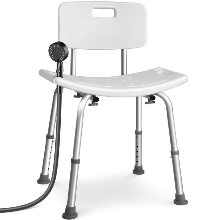 Silla de ducha VOUNOT® con respaldo ergonómico - Altura ajustable - Patas antideslizantes - Asiento de aluminio y HDPE - Blanca