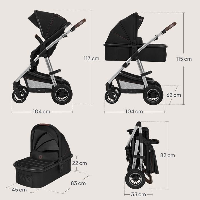 LIONELO Amber 3-in-1 Combination Stroller - Stroller Pack, Carrycot, Car Seat, Bag and Accessories - Black/Silver