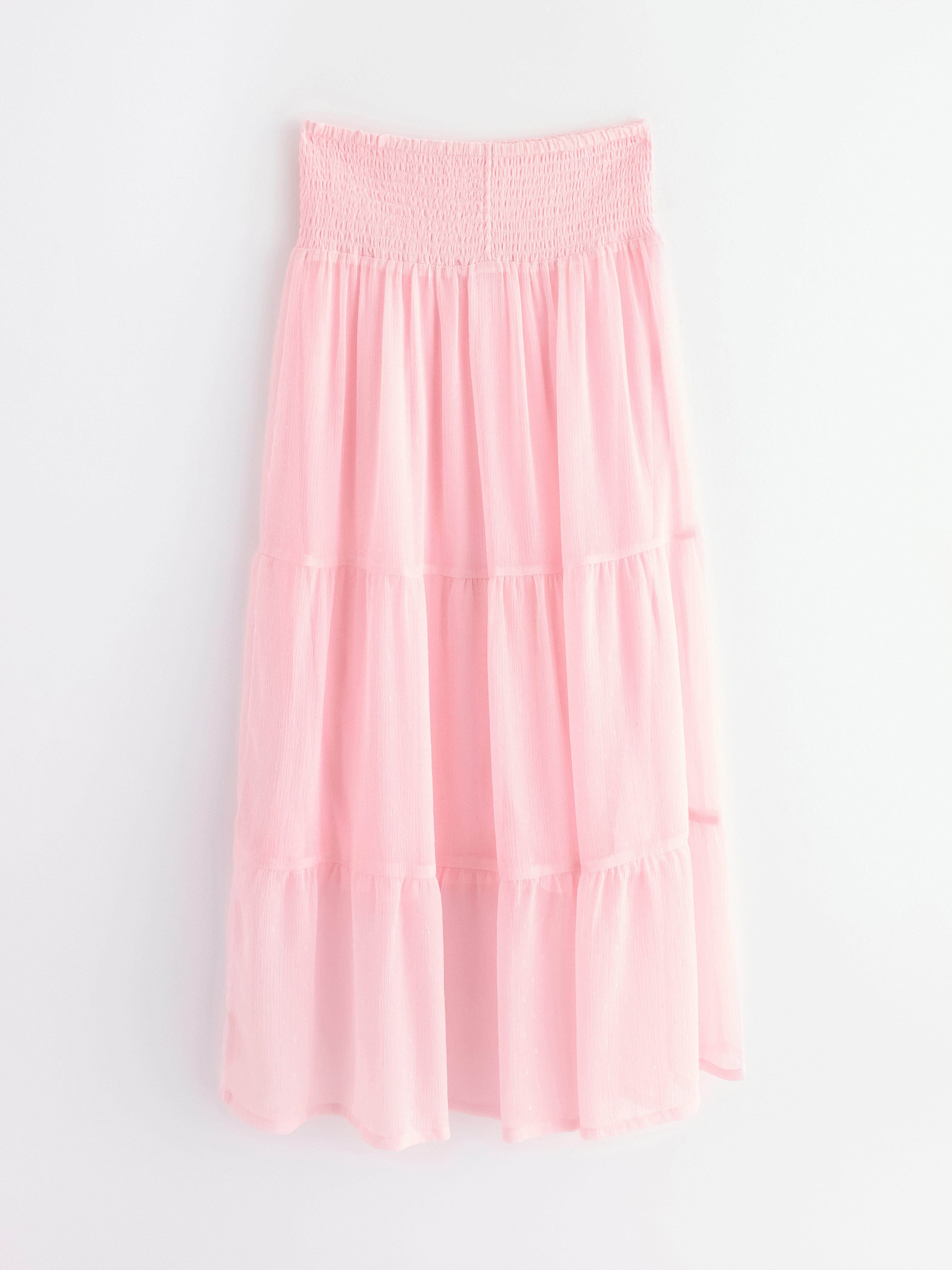 Saia maxi em chiffon rosa claro