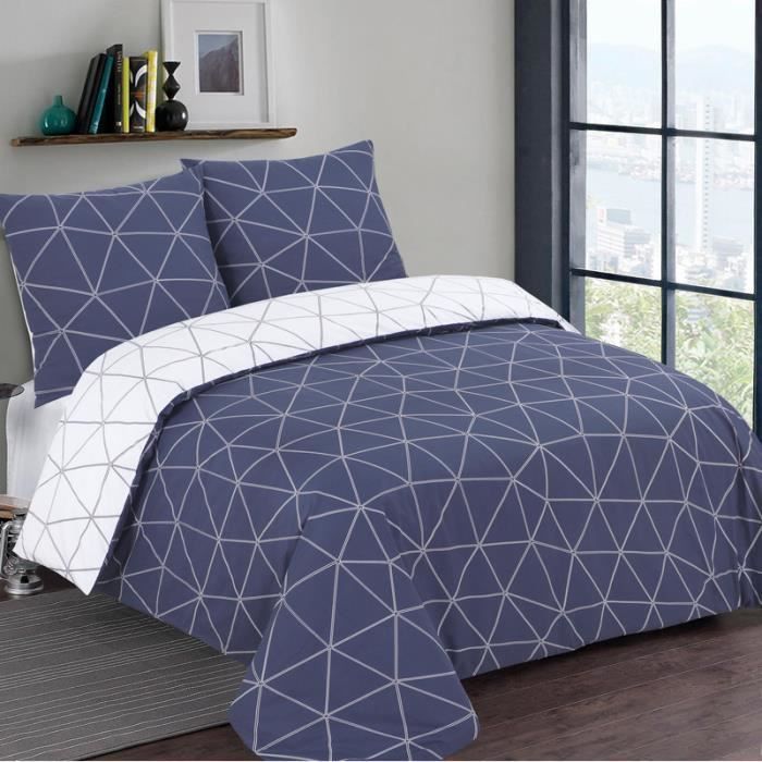 Juego de funda nórdica reversible VISION HUGO azul marino - 100 % algodón - 1 funda nórdica de 200 x 200 cm + 2 fundas de almohada de 65 x 65 cm - Azul marino