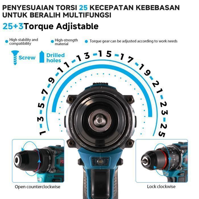 Taladro atornillador inalámbrico de 21 V - POWTOOLS - 2 baterías de 1500 mAh - 118 accesorios - 25+3 modos - 2 velocidades