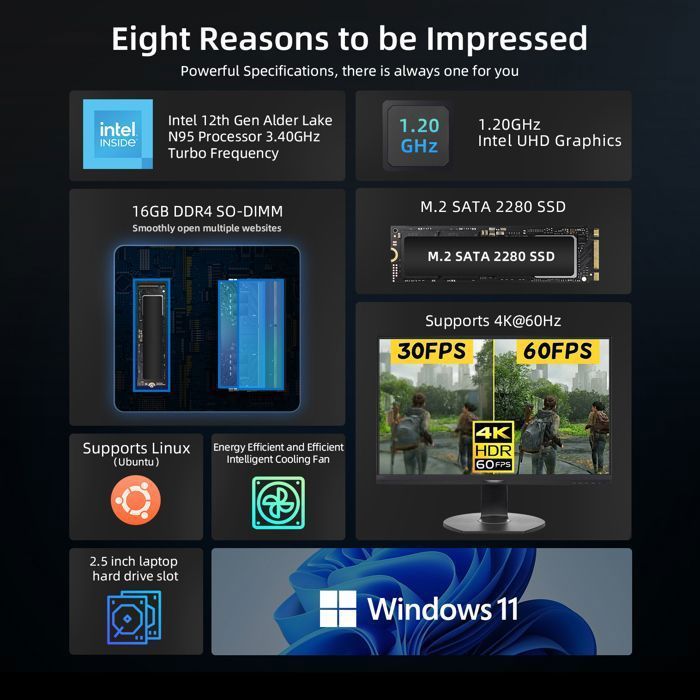 BMAX B4 Mini PC - Intel N95 - 16GB RAM - 512GB SSD - WiFi AC - Dual HDMI 4K - Gigabit LAN - Windows 11 - Compact Office PC