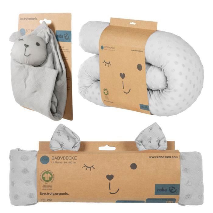 ROBA Lil Planet Baby Gift Set - 3 Pieces - 1 Bolster Pillow + 1 Blanket + 1 Soft Toy - Newborn Gift - Silver Grey