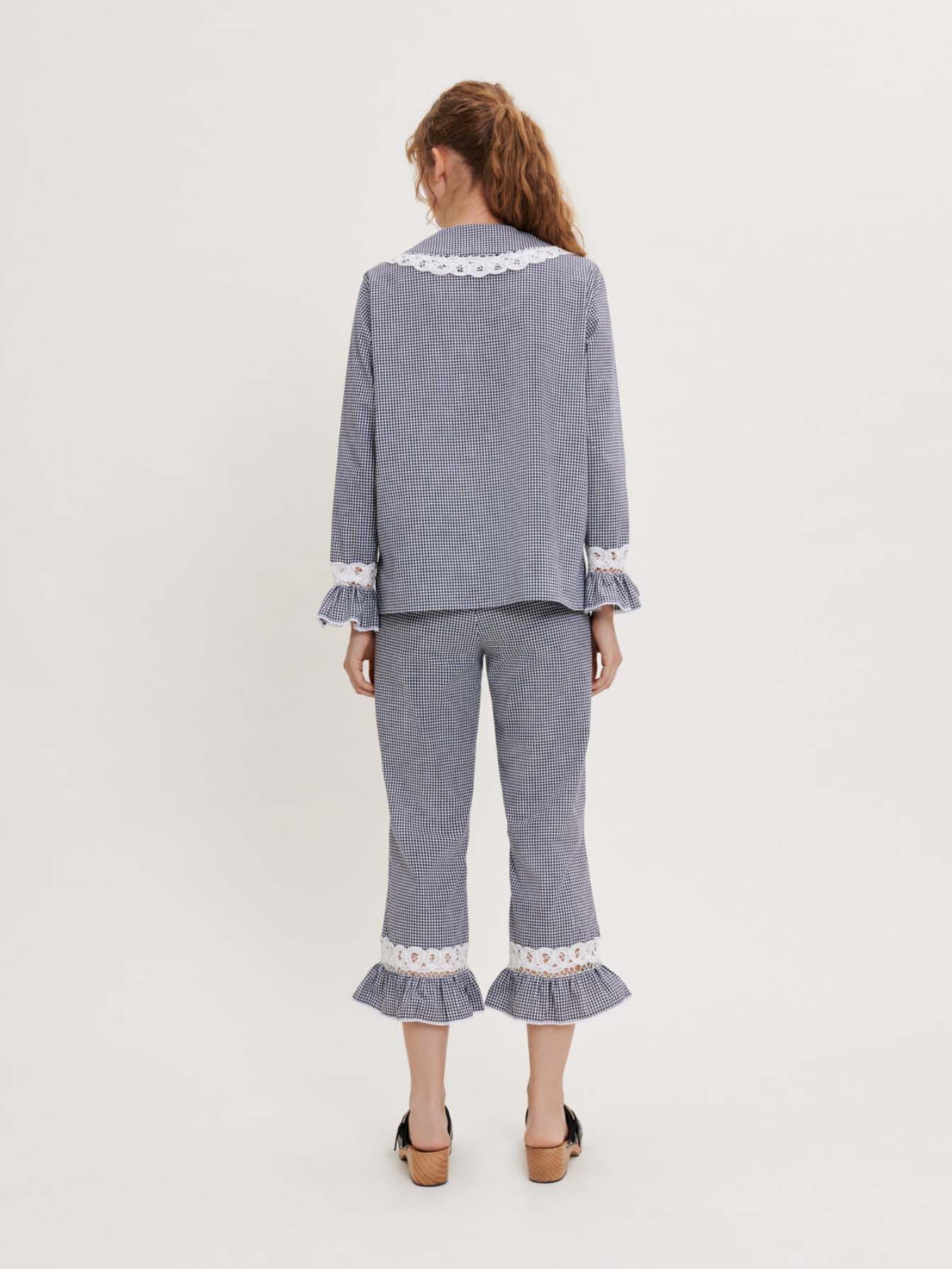 Gingham en kanten overhemd - Marineblauw/Ecru